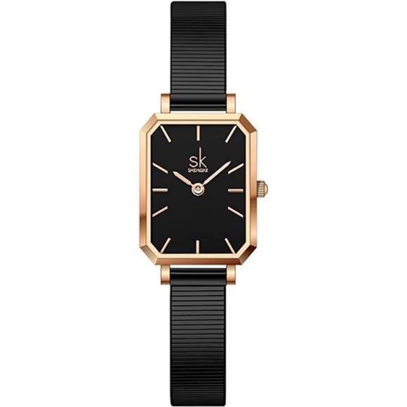 Accessories - Unique Square Watch Women with Stainless Steel Mesh Band Genuine Leather Watch